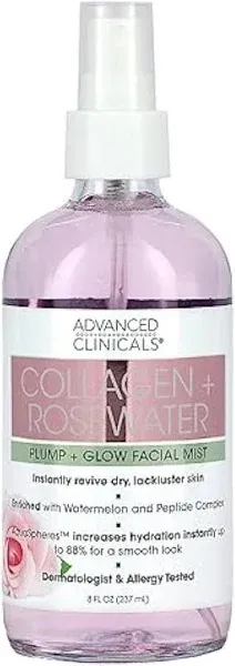 Advanced Clinicals COLLAGEN + ROSEWATER Facial Mist 8 fl oz Pump + Glow 