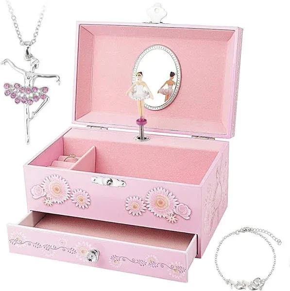 Kids Musical Jewelry Box for Girls w/ Drawer and Jewelry Set Ballerina &amp; Drawer