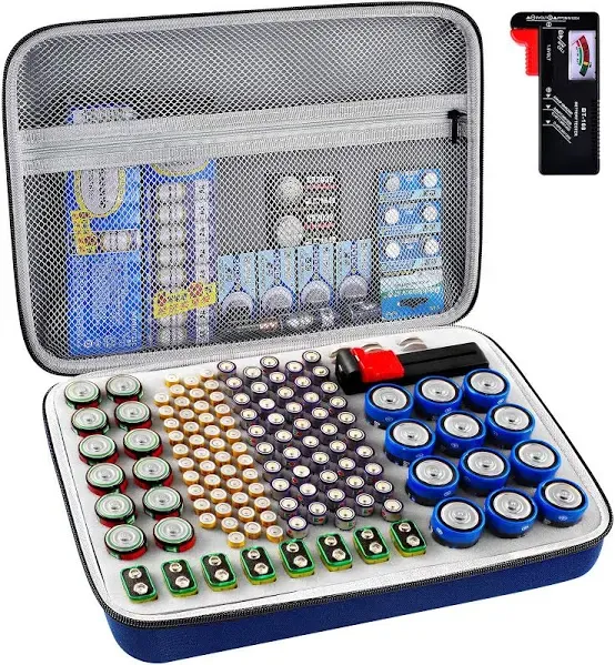 Battery Organizer Storage Case Holder with Tester BT-168, Batteries Variety Pack Bag, Holds 140+ AA, AAA, C, D, 9V, Lithium 3V Button Batteries, Battery Caddy Container(Not Includes Batteries)(Grey)