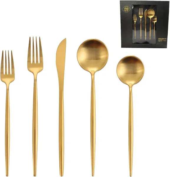 20 Pcs Gold Silverware Set, Stainless Steel Flatware Set Service for 4, Matte...