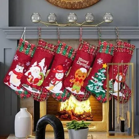 LUBOT 6 Pack Christmas Stockings(21in<wbr/>ch) Embroidered Linen Applique Burlap Fi...