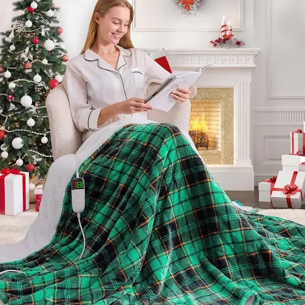 Green Heated Blanket Electric Twin Size 62X84, Christmas Heating Blanket, Plaid Sherpa Winter Blanket Warmer, 10 Heating Levels & 8-Hour Auto Off, Fast Heated House Warming Gifts New Home Decor