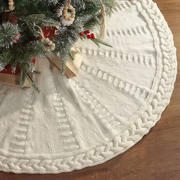 Knitted Christmas Tree Skirt: 48 Inches Cream White Tree Skirt, Braided Cable...