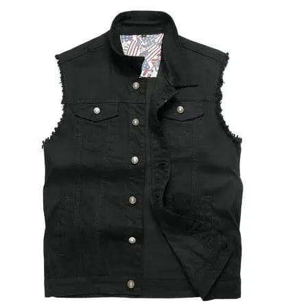 Mens Denim Biker Waistcoat Gilet Jeans Vest Tops Ripped Sleeveless Jacket Black