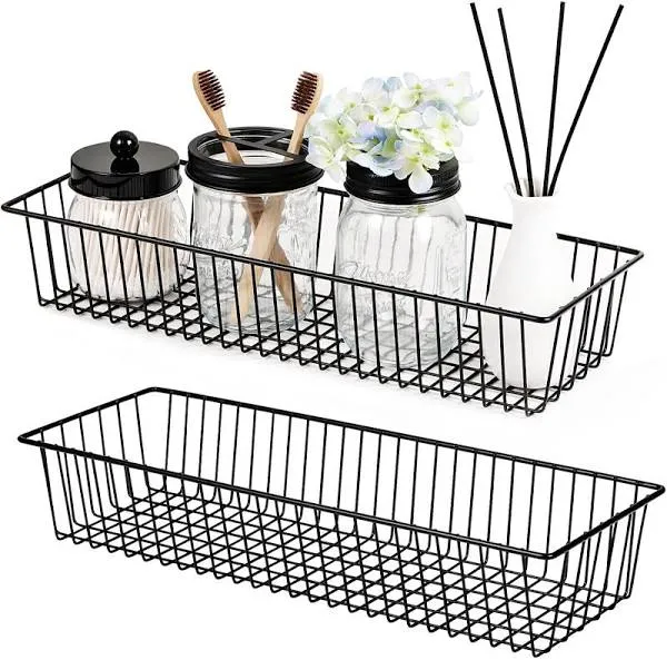 Sheechung Farmhouse Decor Metal Wire Storage Organizer Bin Basket(2 Pack) - Rustic Toilet Paper Holder - Storage Organizer for Bathroom, kitchen cabinets,Pantry, Laundry Room, Closets, Garage (Black)