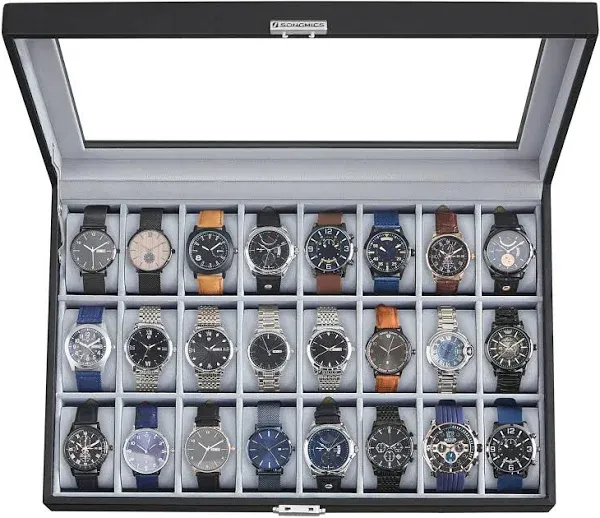 SONGMICS Watch Box, 24-Slot Watch Case, Lockable Watch Storage Box with Glass Lid, Gift Idea, Ink Black Synthetic Leather, Dove Gray Lining UJWB024