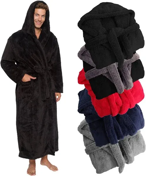 Ross Michaels Men's Hooded Full Length Plush Fleece Bath Robe