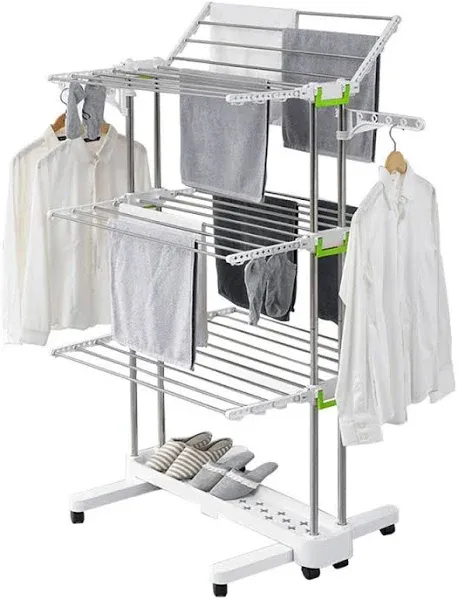 Newerlives Br505 3-Tier Collapsible Clothes Drying Rack with Casters Stainless Steel Hanging Rods Indoor & Outdoor Use