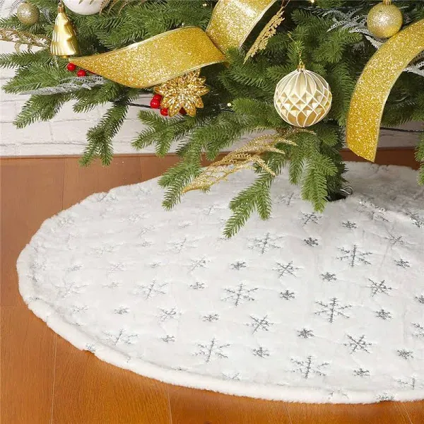 Christmas Sequin Tree Skirtin,White Soft Thick with Snowflakes 36 Golden