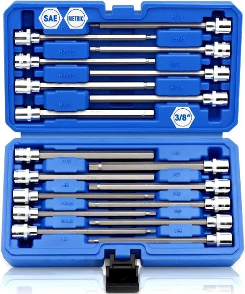 18piece 38 Inch Drive Extra Long Allen Hex Bit Socket Set Sae &amp; Metric 1838