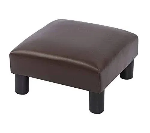 Adeco 15’’ Small Ottoman Footstools- Waterproof Brown Distressed Faux Leather Upholstered Foot Rest with Plastic Legs- Lightweight and Portable