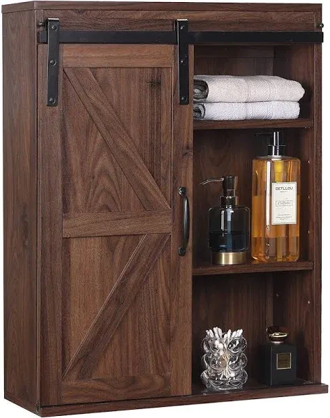 Farmhouse Wood Wall Storage Bathroom Cabinet with Sliding Barn Door, Rustic Medi