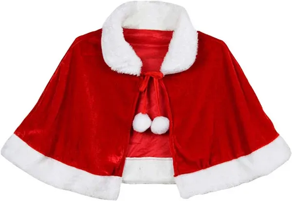 Gamusi Christmas Velvet Shawl Cloak Cape Mrs Santa Claus Cape Robe Halloween Costume Red Kids