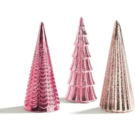 Juniper Glass Trees, Pink Mercury Glass, Set of 3 Pre-Lit LED Glass Holiday Trees with Timer