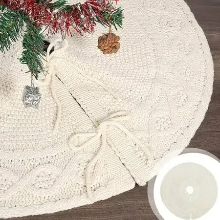 Twfbrm Knitted Christmas Tree Skirt Cream White Tree Skirt, Crossed Knit Rustic Christmas Tree Decorations, Christmas Decor Xmas Holiday Home Party Decorations