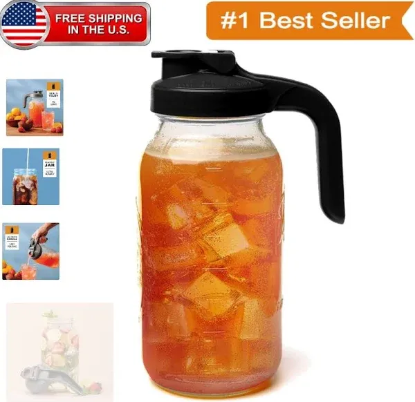 County Line Kitchen Glass Mason Jar Pitcher with Lid - Wide Mouth, 2 Quart (64 oz) - Heavy Duty, Leak Proof - Sun & Iced Tea Pitcher, Cold Brew Coffee, Breast Milk Storage, Water - Black