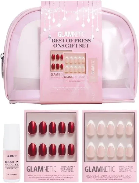 Glamnetic Press On Nails - Fan Faves Press On Gift Set | Two Top-Selling Nails in Cherry Glaze & MaDamn, Brush-On Nail Glue and Travel Pouch Included | Compact, Perfect for Holiday Gifting