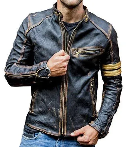 Men&#039;s Black Biker Vintage Motorcycle Distressed Cafe Racer Jacket Leather Jacket