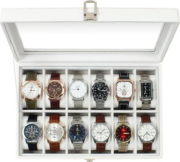 Watch Box, 12 Slot Watch Case, Watch Cases for Men with Real Glass Lid, Syntheti