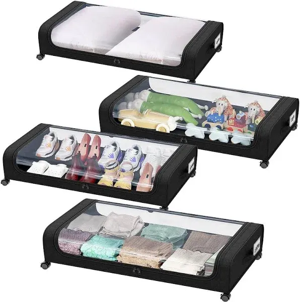 4 Pack Under Bed Storage with Wheels, Large Capacity Under Bed Storage Containers with Clear Lid,Handle,Label, Rolling Under Bed Shoe Storage Organizer for Clothes Toy Shoe Blanket(Black)