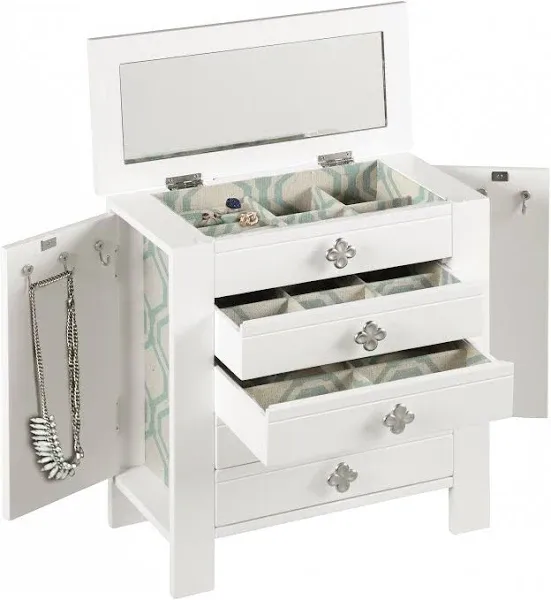 Emma Jewelry Chest Organizer for Women, Wooden Jewelry Box with Mirror, White