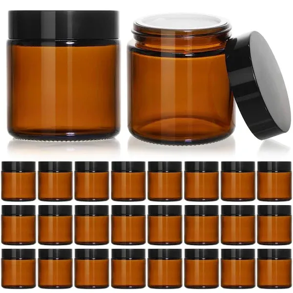 KEYWING 1oz Amber Glass Jars with Black Lids, 36 Pack Small Round Glass Cosmetic Jars with Inner Liners for Lotions, Cream, Powders and Ointments