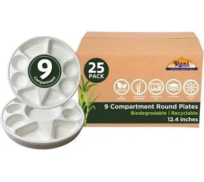 Rani Brand Authentic Indian Products Rani 9 Compartment Round Biodegradable Divided Plates Pack ~ Party