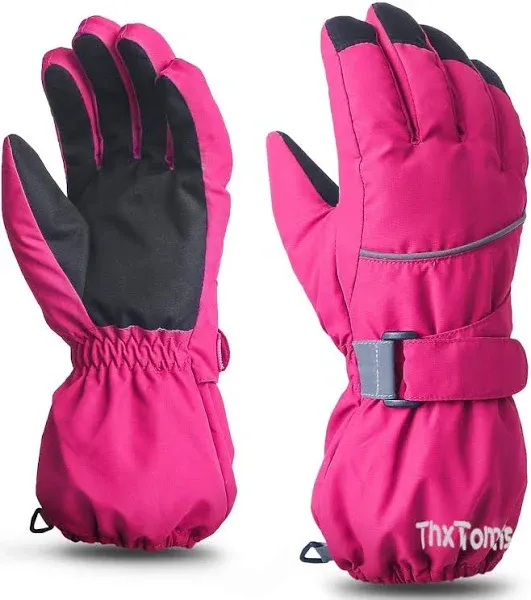 ThxToms Kids Warm Gloves Winter Waterproof Snow Gloves for Ourdoor Sports, Toddler Bulky Ski Gloves for Boys Girls,Rose Red,L