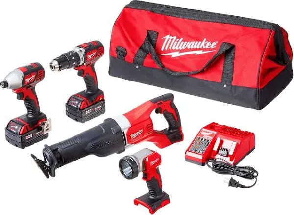 Milwaukee 2696-24 M18 Cordless Combo Compact Hammer Drill/Sawzall/1/4 Hex Impact Driver/Work Light/Charger/2 Battery