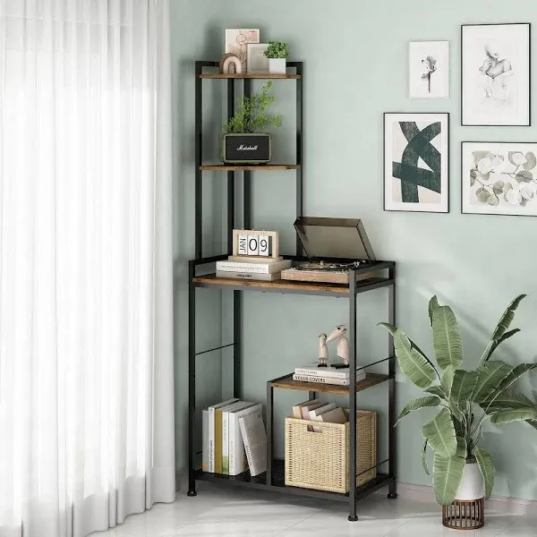 GILLAS 5 Tier Corner Shelf Stand, Freestanding Corner Shelf Unit Bookshelf, Corner Table with Shelf, Tall Storage Organizer Rack for Living Room, Bedroom, Office. Small Space, Metal