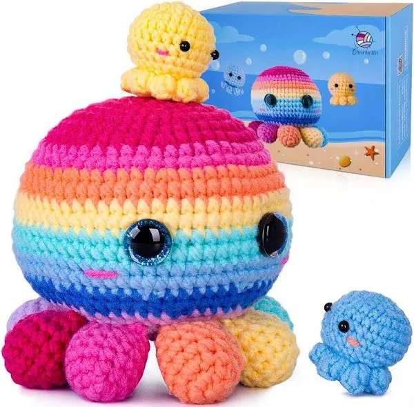  Crochet Kit for Beginners, Crochet Kit Step-by-Step Colorful Octopus Family