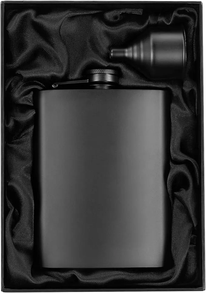 8oz Matte Black Flask + Black Funnel + Black Canvas Pouch. Plain Smooth Surface. Gift Idea Set, Exclusive Fancy Packaging. Alcohol Drinking Flasks For Liquor. Gift Under 20 Dollars. By Well-Deserved