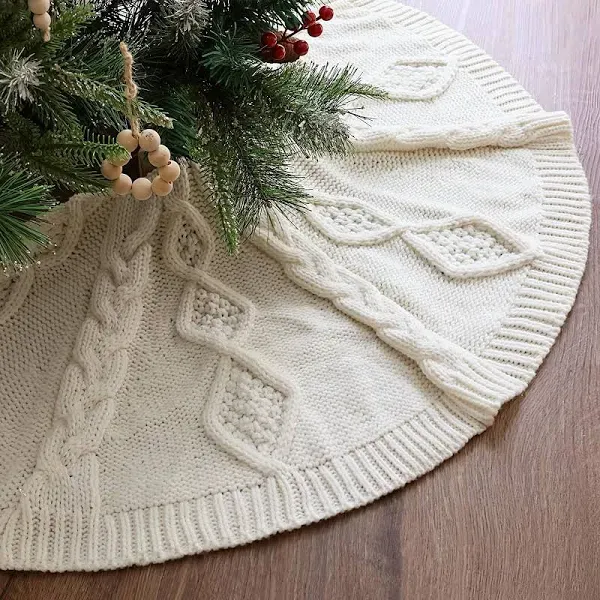 LASPERAL Knitted Tree Skirt 48 Inch Ivory White Crochet Christmas Tree Skirt, Farmhouse Rustic Cable Knit Edge Tree Skirt with Bow Tie for Home Décor, Washable Heavy Yarn Tree Skirt Indoor Outdoor