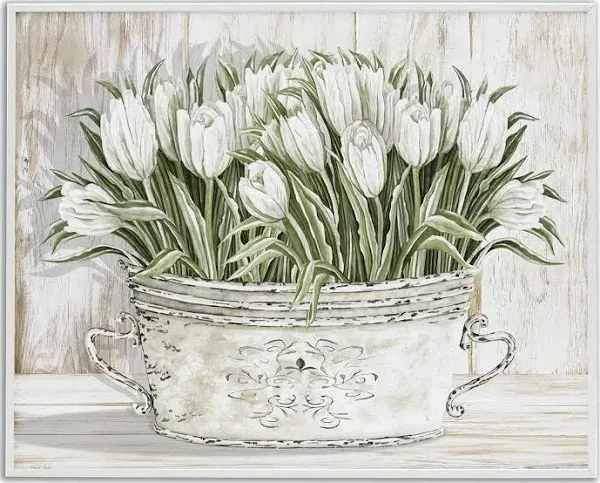 Stupell White Tulip Flowers Fresh Vintage Country Tin Off-White 30 x 24