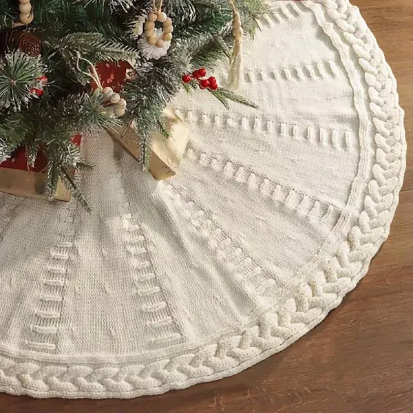 Knitted Christmas Tree Skirt: 48 Inches Cream White Tree Skirt, Braided Cable Kn