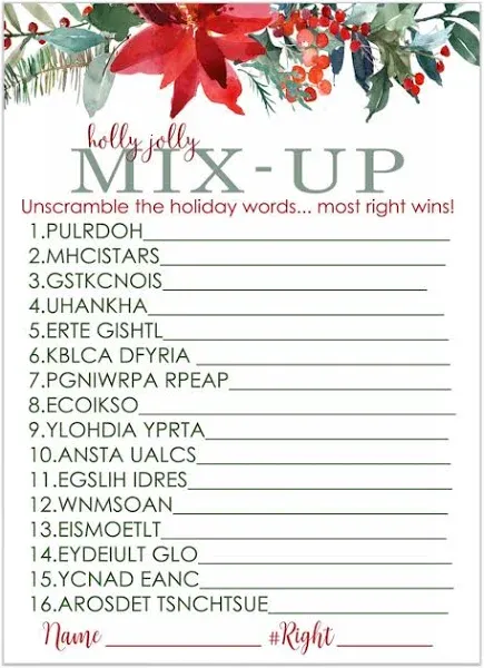 Poinsettia Christmas Word Scramble, Holiday Unscramble Party Activity for Adu...