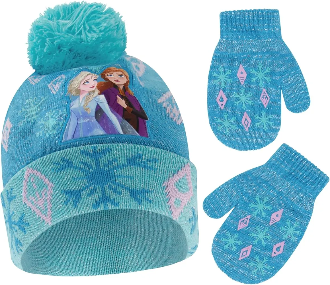 Disney Girls Toddler Winter Hat And Mittens Set Ages 2-4 Or Frozen 2 Elsa & Anna Hat And Kids Gloves Set For Ages 4-7