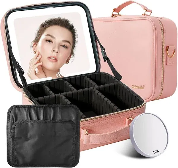 Mocado Travel Makeup Bag with LED Lighted Mirror,Travel Makeup Organizer,Makeup Case with 8 Makeup Brushes and 10x Magnifying Mirror,3 Colors Lighting, Adjustable Dividers Makeup Box(Pink)