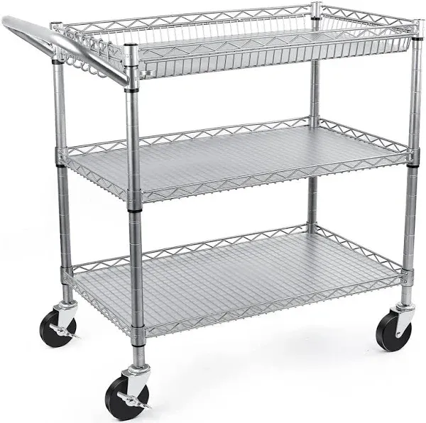 WDT Heavy Duty 3 Tier Rolling Utility Cart, Kitchen Cart On Wheels Metal Serving Cart Commercial Grade with Wire Shelving Liners and Handle Bar for 742253