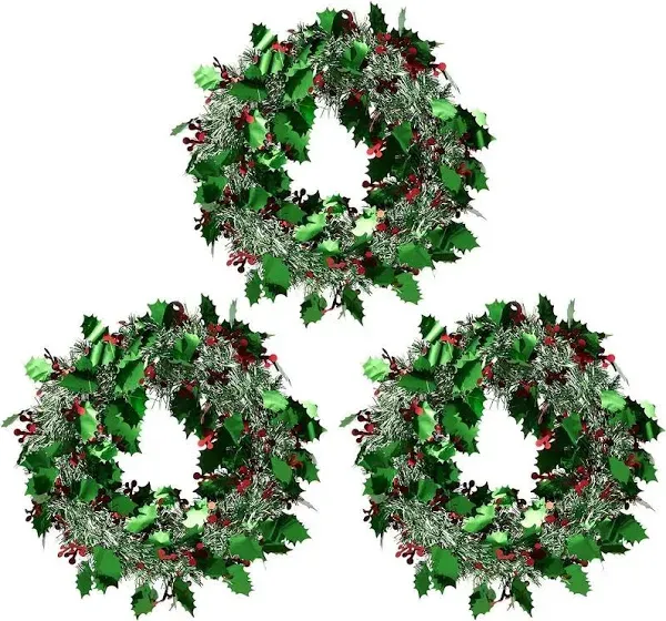 Juvale 3 Pack Small Green Tinsel Front Door Wreath