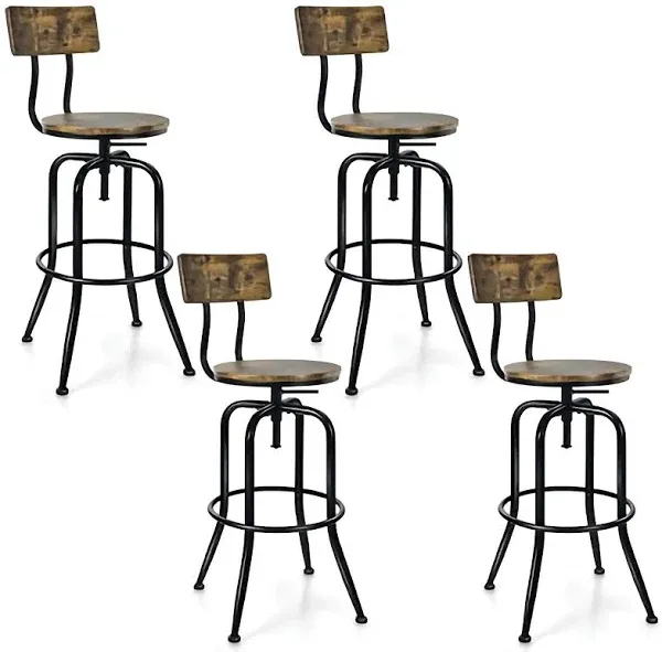 Industrial Height-Adjustable Swivel Bar Stools Vintage Counter Height Kitchen Dining Chair with Arc-Shaped Backrest and Footrest Set of 2