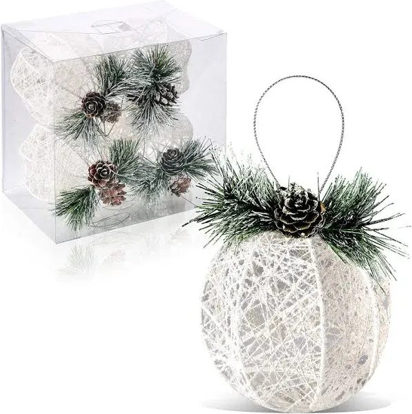 Christmas Ball Ornaments, 4pc Set White Pinecone Rattan Thread String 