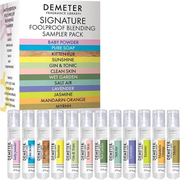 DEMETER Fragrance's Signature Foolproof Blending Perfume Sampler Set of 12 - Baby Powder - Pure Soap - Kitten Fur - Sunshine - Gin & Tonic - Clean Skin - Wet Garden - Salt Air - Lavender - & More