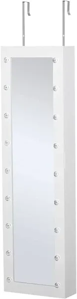 HOMCOM Jewelry Armoire with Mirror and 18 LED Lights Wall-Mounted/Over-The-Door Cabinet with 3 Mountable Heights