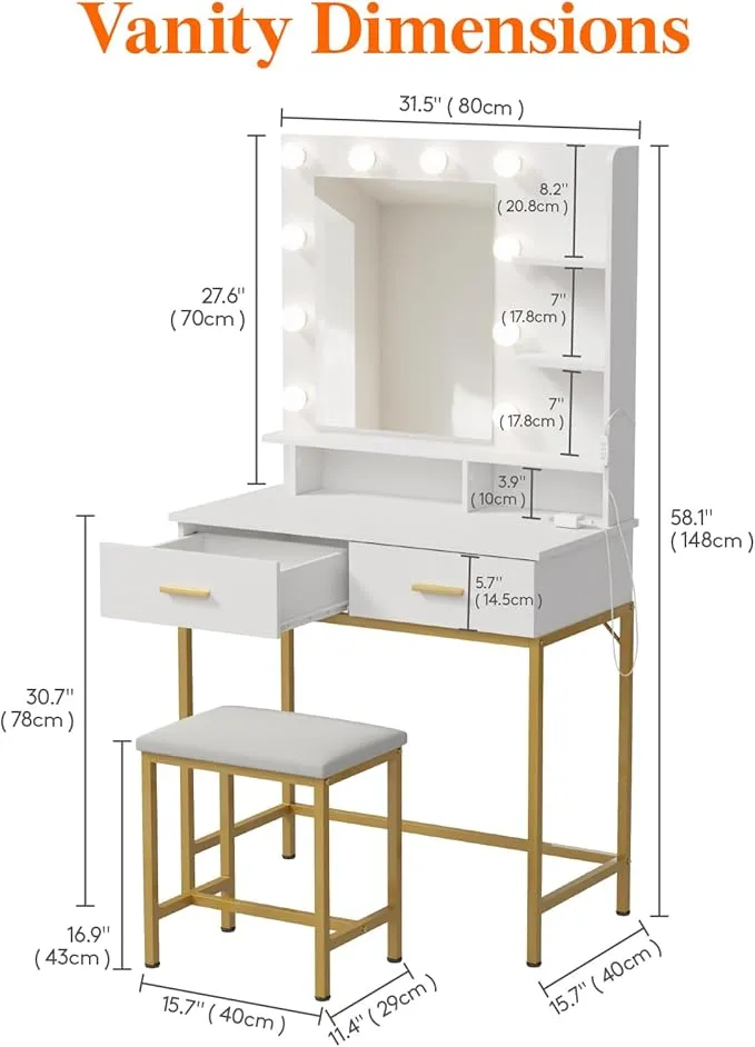 Latitude Run Vanity with Mirror, Lights, Adjustable Color/Brightness, 2 Drawers,