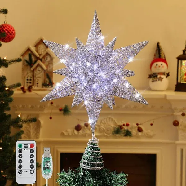 Christmas Tree Topper Star, 3D Lighted Tree Topper with 8 Lighting Modes & Timer USB Power Xmas Indoor Decor Ornaments Adjustable Brightness Decor Festival Gift for Xmas Holiday Party, Silver