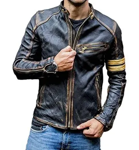 Mens Vintage Cafe Racer Motorcycle Distressed Biker Leather Jacket