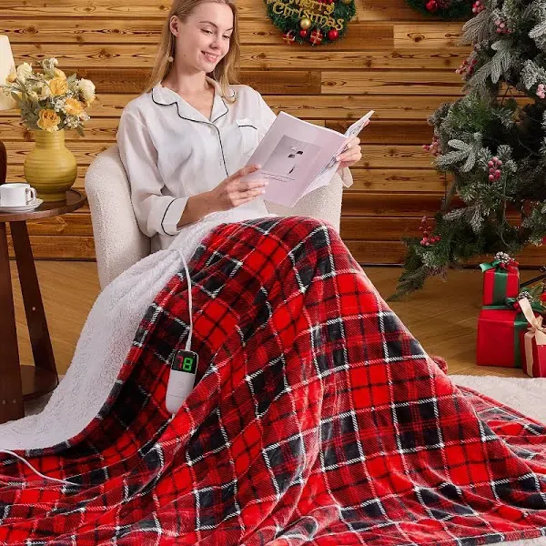 Heated Blanket Electric, Twin Size 62X84, Heating Blanket with 10 Heating Levels & 8 Hours Auto Off, Red Checkered Plaid Sherpa Blanket Warmer for Adults, Christmas Blanket for Couch, ETL & FCC