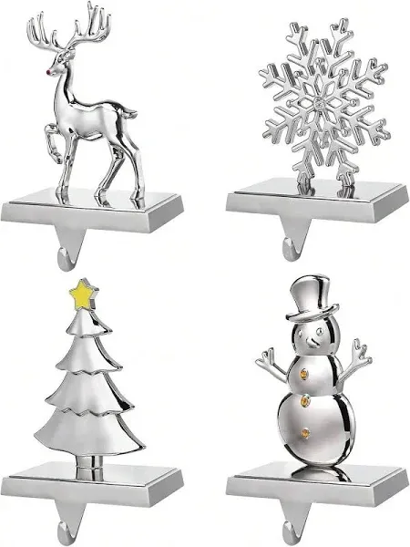 Christmas Stocking Holders for Mantel Set of 4, Stocking Hangers Reindeer Snowman Christmas Tree Snowflake Metal for Fireplace Mantel Holiday Christmas Decorations Stocking Hanger Hook - Silver