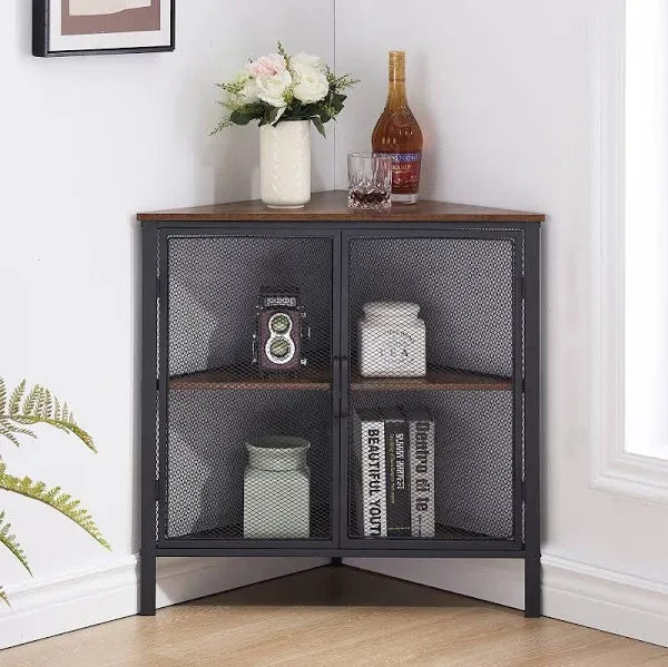  Cabinet/Table, 3-Tier Display Shelves with Protection Door Corner Shelf Brown